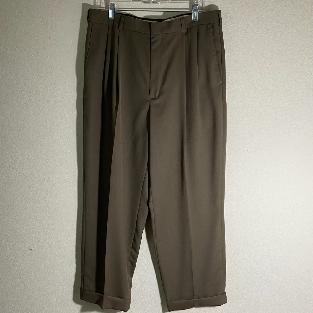 SLATES MENS DACRON/WOOL PANTS SZ 36 X 28 TAUPE PLEATED FRONT WITH CUFFS.